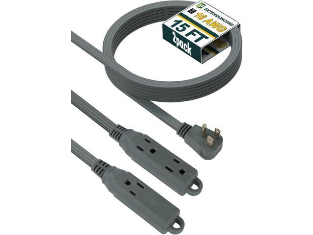 EP 15 Ft 3 Outlet Extension Cord with Flat Plug, 3 Prong Grounded, 16/3 SPT-3 Power Cable for Indoor Use, Grey, 2 Pack