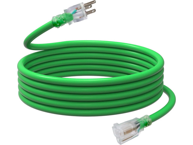 EP 15 Ft Outdoor Extension Cord, 12/3 SJTW Heavy Duty Waterproof Power Cable, 3 Prong Grounded Plug, Lighted End, for Lawn, Garden, Appliances, Green