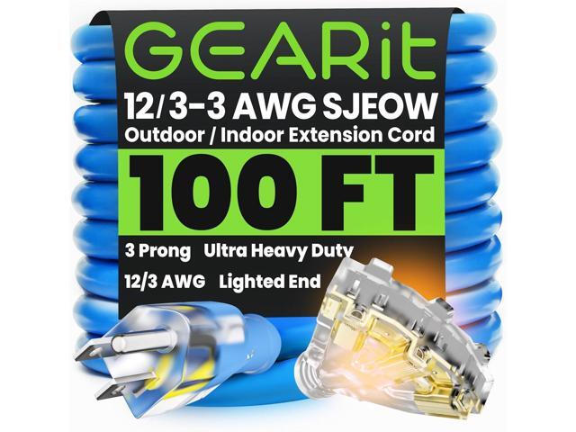 GEARit Outdoor 12 AWG Gauge 3 Prong Plug, Extension Cord, Triple Outlet Ultra Heavy Duty SJEOW, 12/3, for Indoor/Outdoor, LED Lighted Plug,...