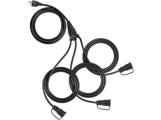 Outdoor Extension Cord with Multiple Outlets, 12 ft Black 1 to 3 Splitter Extension Cords, 16/3 SJTW Weatherproof Wire for Outdoor Lights and...