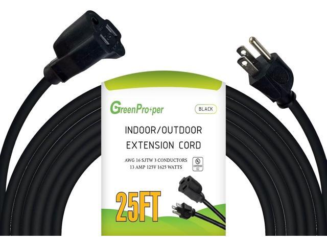 25 Ft Indoor Outdoor Black Extension Cord, 16 Gauge Waterproof Electrical Power Cable, 16/3 SJTW 3 Prong Grounded Plug, 13A 1625W, UL Listed