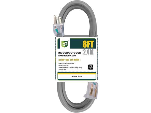 EP 8 Ft Lighted Outdoor Extension Cord - 12/3 SJTW Heavy Duty Grey Extension Cable with 3 Prong Grounded Plug - Power Cord for Lawn, Garden,...