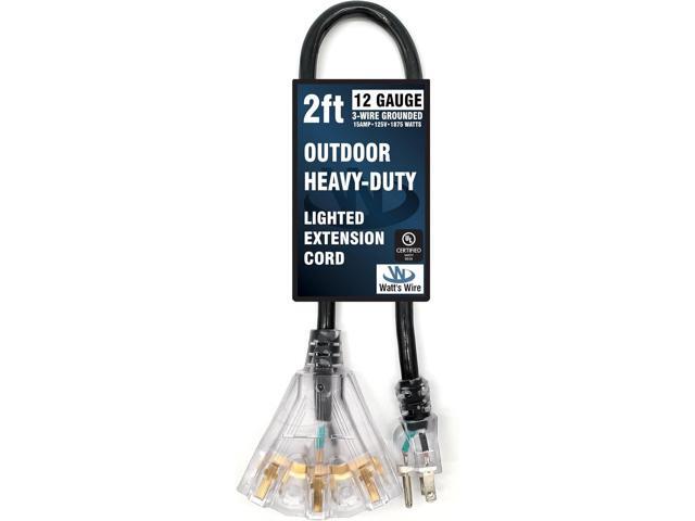 2 ft Heavy Duty Extension Cord - 12 Gauge Outdoor Extension_Cord - Lighted Mulitiple Outlets by Watt's Wire - 2' 12-Gauge Grounded 15 Amp Cord...