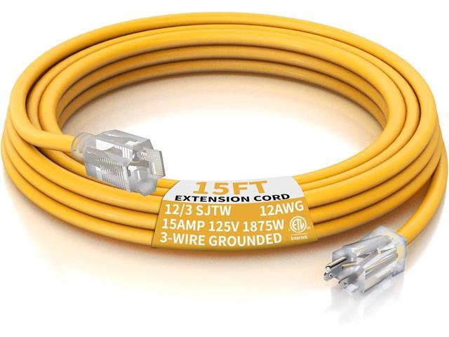 PLUGTUL Outdoor Extension Cord 15 FT Waterproof, 12/3 Gauge Heavy Duty Lighted Extension Cord, 3 Prong Grounded Plug for Safety, 15A 1875W SJTW,...