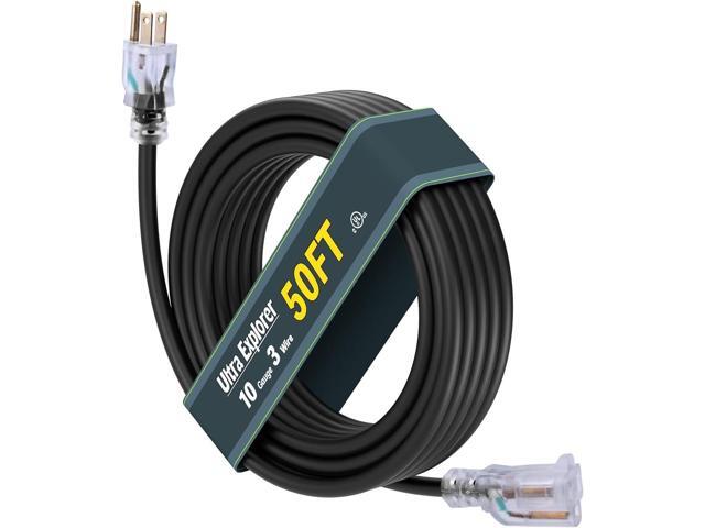 10 Gauge Heavy Duty Outdoor Extension Cord 50 FT, Waterproof Exterior Extension Cable with Lighted, 3 Prong Appliance Power Cord Outside, SJTW, 125...