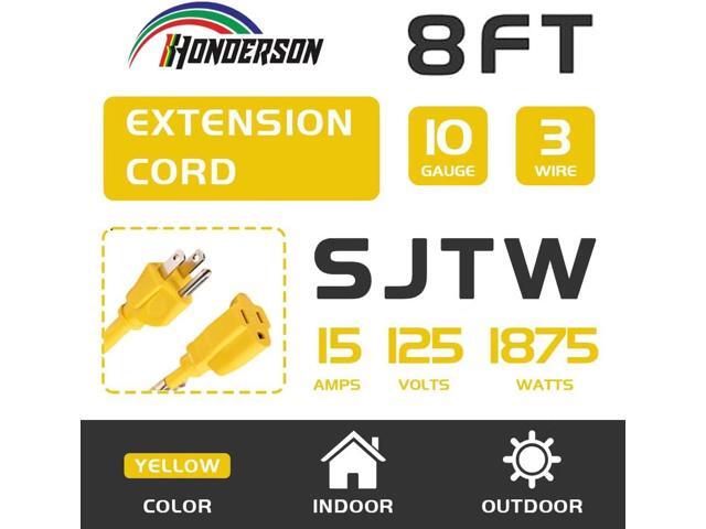 Indoor/Outdoor Extension Cord, 10 Gauge 8FT Yellow, 3 Prong Heavy Duty, Weatherproof, UL Listed, 15A Power Cord for Outdoor Lights, Appliances, Lawn