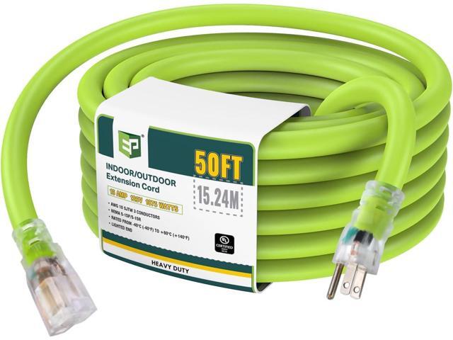 EP 50 Ft Lighted Outdoor Extension Cord - 10/3 SJTW Heavy Duty Green Extension Cable with 3 Prong Grounded Plug for Safety, UL Listed