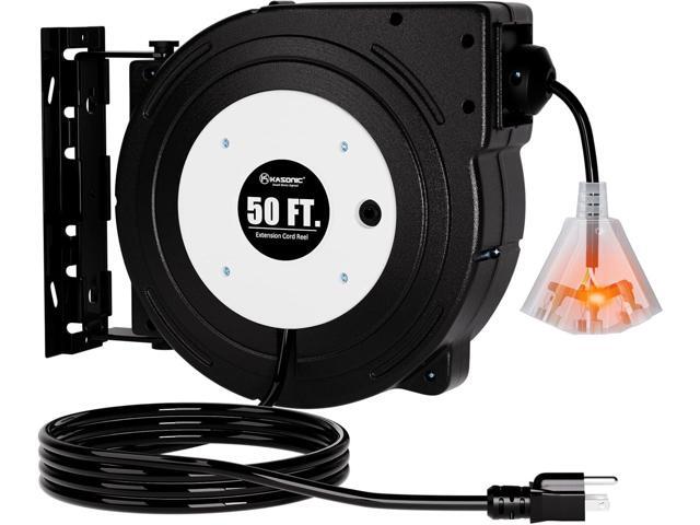 K KASONIC - 50 FT Retractable Extension Cord Reel, UL Listed, 14AWG/3C SJTOW Heavy Duty Power Cord, 3 Grounded Outlets Lighted Triple Tap, 13 Amp...