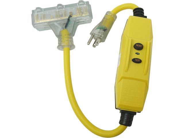 TRC 26020008-6 12/3 Gauge Shockshield GFCI Protected In-line Tri-Cord Set with 3-Outlets; 2-Feet; 15-Amp; Yellow