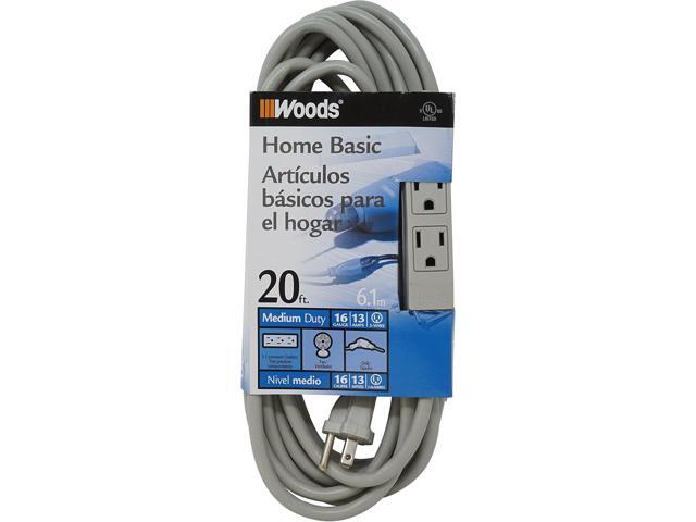 Woods Light Duty Extension Cord, 20Ft, 16 Gauge, 3 Conductor, 3 Outlet Cord, SJTW, Gray, 2867