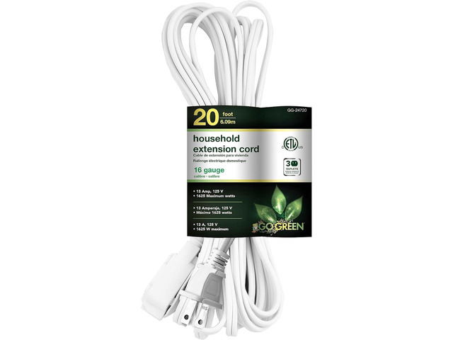 Go Green Power Inc. 20ft Household Extension Cord, White, 3 Outlets, 16/2, Indoor Use Only - Safe, Reliable, and Child-Safe Covers - Ideal for...