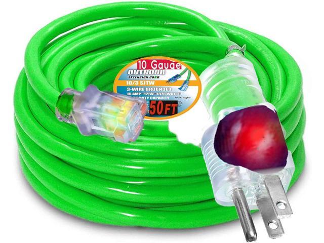 10 Gauge 50 FT Extension Cord 10/3 Contractor SJTW Heavy Duty Outdoor Extension Cable, Waterproof & Flexible with Lighted Ends, 10 awg Copper Wire...