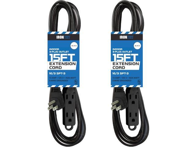 Iron Forge Cable 2 Pack 15 ft Flat Plug Black Extension Cord with 3 Outlets - 16/3 SJTW 3 Prong Indoor Extension Cord with Multiple Outlets