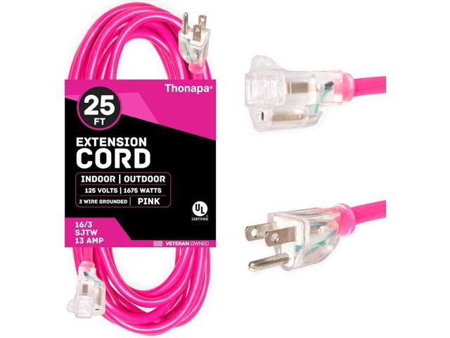 25 Ft Outdoor Extension Cord with 3 Prong, 16/3 SJTW Neon Pink Extension Cord 25ft, 13 AMP for Indoor or Outdoor Use, Small Appliances, Gardens,...