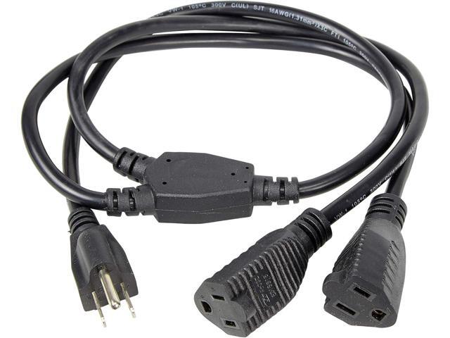 2 Way Power Splitter and 3' Extension Cord - 1 Pack - 1 to 2 Cable Strip with 3 Pronged Outlet and Y Style Extension Cord Black - SJT 16 AWG by...