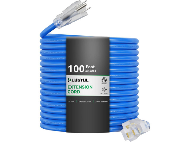 PLUGTUL 12 Gauge Extension Cord 100FT, Heavy Duty Lighted Extension Cord, 3 Prong Grounded Plug, 15A 1875W SJTW ETL Listed, Stays Flexible in...