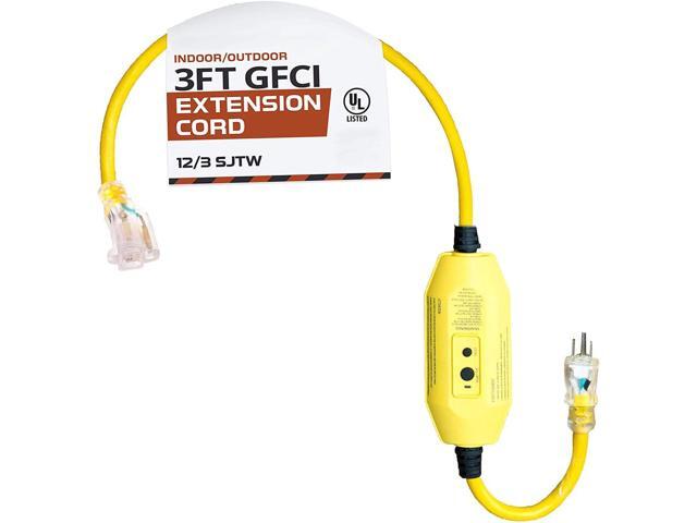 IRON FORGE CABLE 3 Foot Lighted Outdoor GFCI Extension Cord - 12/3 SJTW Heavy Duty Yellow Pigtail Extension Cable with 3 Prong Grounded Plug for...