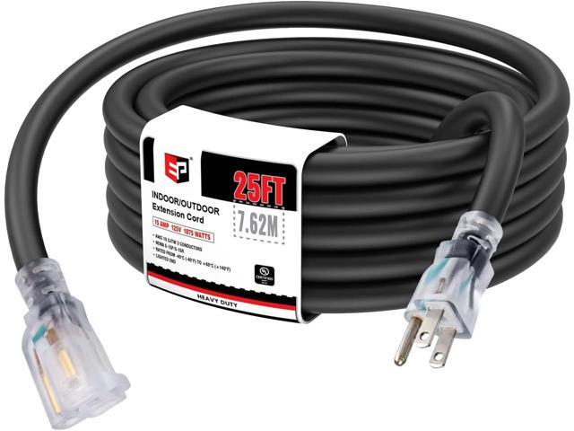 EP 25 Ft Lighted Outdoor Extension Cord - 10/3 SJTW Heavy Duty Black Extension Cable with 3 Prong Grounded Plug for Safety, UL Listed
