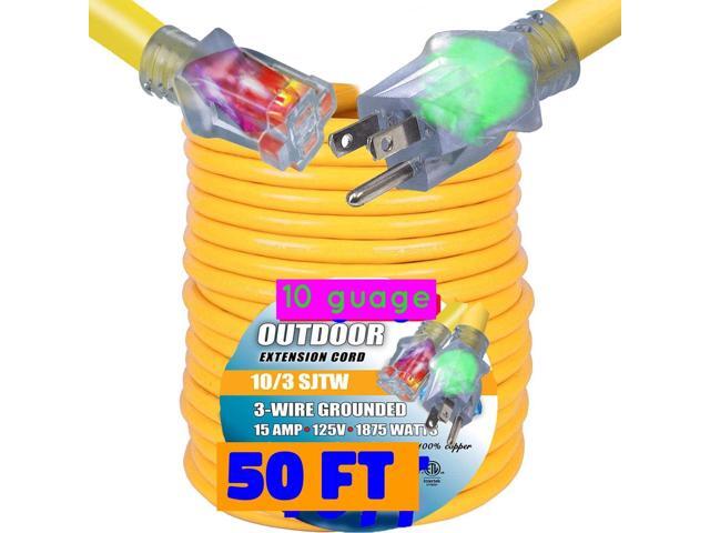 50 ft Extension Cord 10/3 Heavy Duty Outdoor Power Cable, 10 Gauge, 15 Amp, 125V/1875W, Lighted Ends, Weather-Resistant SJTW, UL Listed, 3-Prong...