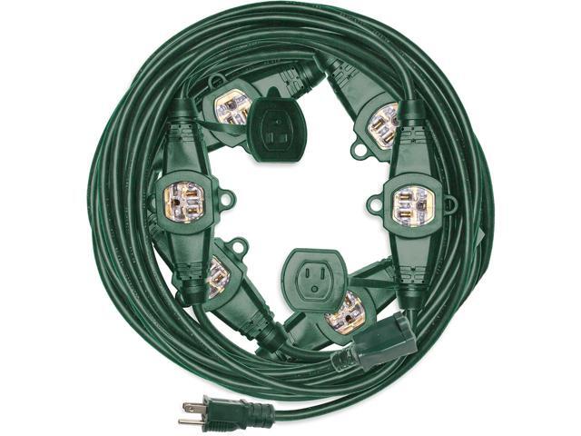 Iron Forge Cable 50 ft Heavy Duty Outdoor Extension Cord with 7 Evenly Spaced Power Outlets, 14/3 Weatherproof with Multiple Outlets, 15 AMP Green
