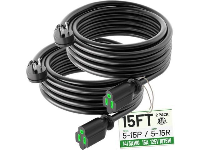 2 Pack 15 Foot Flat Plug Extension Cord Black, 14/3 Gauge Indoor Short Extension Cable, 15A 1875W 125V 14AWG, 3 Prong Low Profile Power Cord, ETL...