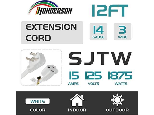 Flat Plug Extension Cord, UL Listed, Indoor Extension Cord 14 Gauge 12FT White, 14/3 SPT-3 15A 3 Prong Grounded Power Cord for Home, Office