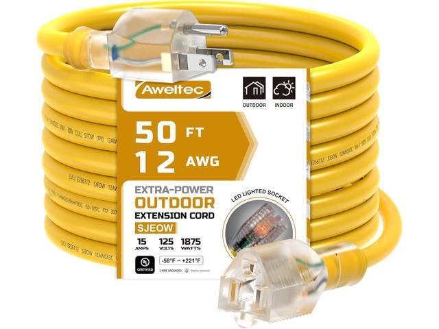Outdoor 12/3 Extension Cord 12AWG 50FT 15Amp 1875Watts, TPE Rubber SJEOW (-58°F to +221°F) Lighted Power Cord, Yellow, UL Certified (50ft/15.24m)