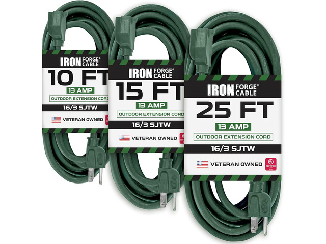 Iron Forge Cable Weatherproof Outdoor Extension Cord 3 Pack, 10 ft, 15 ft, and 25 ft - 16/3 SJTW 13 Amp Heavy Duty Green Extension Cord 3 Prong