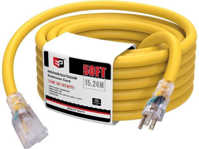 EP 50 Ft Lighted Outdoor Extension Cord - 10/3 SJTW Heavy Duty Yellow Extension Cable with 3 Prong Grounded Plug for Safety, UL Listed