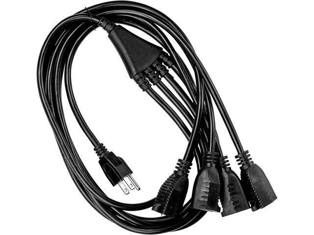 4 Way Power Splitter - 1 to 4 Outlet Splitter, 6' Long Extension Cord, 3 Prong Plug, Black, SJT 16 AWG