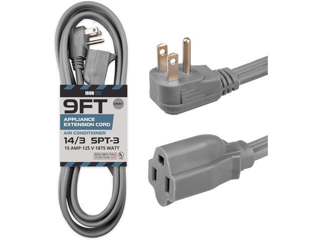 Iron Forge Cable 9 ft Appliance Extension Cord Gray 14/3 Heavy Duty - Flat Plug & Flat Cable 15 Amp 3 Prong SPT-3 for Major Home Appliances, 14 AWG