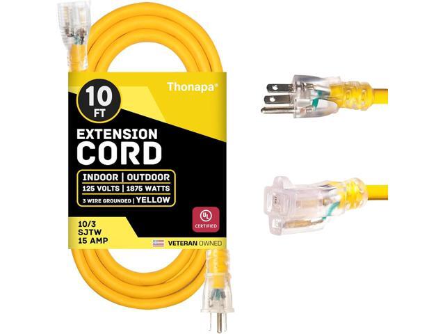 10 Gauge Extension Cord 10 ft, Weatherproof Heavy Duty Outdoor Extension Cord Ten AWG, SJTW 3 Prong Lighted Plug 10/3 Yellow Cable 15 Amp, Great...
