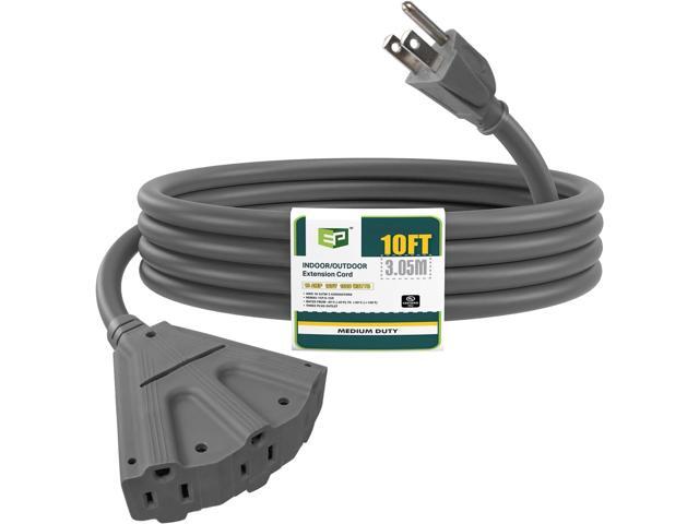 EP 10 Ft Outdoor Extension Cord with 3 Electrical Power Outlets - 16/3 SJTW Grey Cable with 3 Prong Grounded Plug for Safety Great for Christmas...