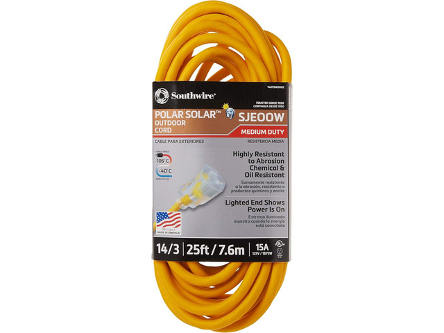 Southwire Polar Solar Medium Duty Extension Cord, 25Ft, 14 Gauge, 3 Conductor, Outdoor Cord, Lighted End, SJEOOW, Yellow, 1487SW0002