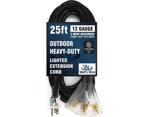 25 ft Heavy Duty Extension Cord - 12 Gauge Outdoor Extension_Cord - Lighted Mulitiple Outlets by Watt's Wire - 25' 12-Gauge Grounded 15 Amp Cord -...