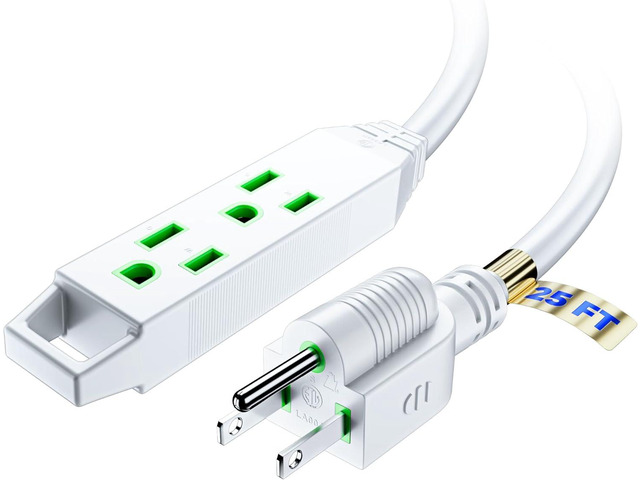 Extension Cord 25 ft, Extension Cord with Multiple Outlets, 16 Gauge (White) ETL Listed