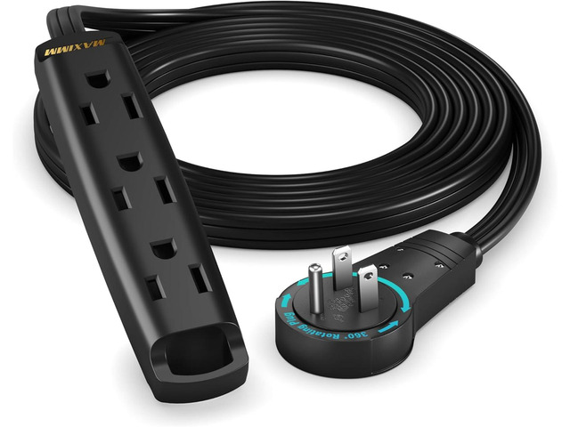 Maximm 6 Ft Black 360° Rotating Flat Plug Extension Cord with 3 Outlets on One Side, Space-Saving Design for Compact Areas, Home & Office Use...