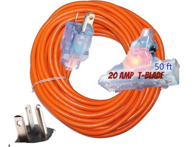 20 amp T Blade Extension Cord 10/3 Triple Outlet NEMA 5-20 amp Extension Cord 125 Volts 2500 Watts T-Blade Plug All Copper Wire 10 Gauge Extension...