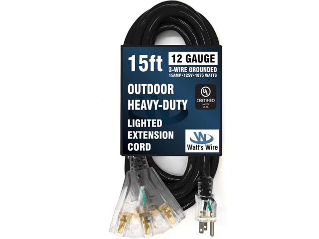 15 ft Heavy Duty Extension Cord - 12 Gauge Outdoor Extension_Cord - Lighted Mulitiple Outlets by Watt's Wire - 15' 12-Gauge Grounded 15 Amp Cord -...