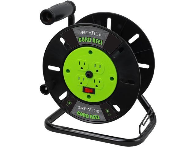 Heavy Duty Extension Cord Storage Reel with 4Grounded Outlets, 10A Circuit Breaker, Retractable Hand Wind, Portable Empty Hand Crank Open Cord Reel...