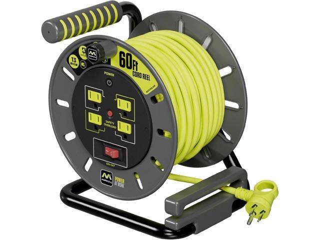 60ft Cord Reel, Retractable Extension Lead with Winding Handle, Safety Overload Circuit Breaker and Power Switch, 4X Grounded Outlets, 13amps,...
