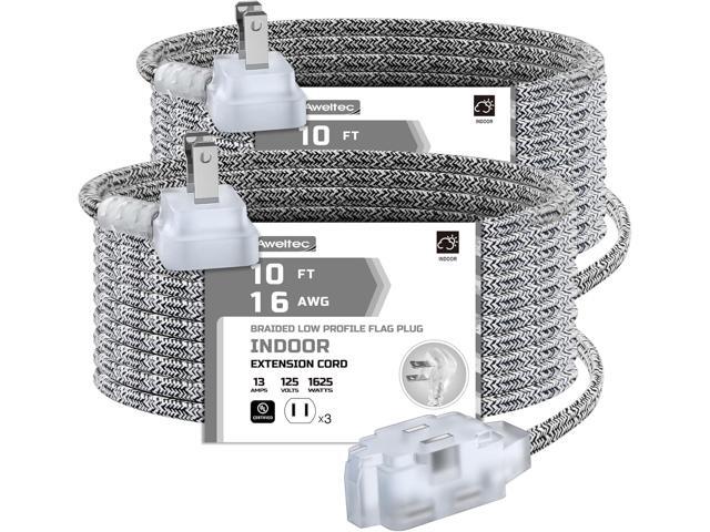 AWLETEC 2 Pack Extension Cord 3-Outlet, 10 Ft Braided Cable, 3 Polarized Outlets with Safety Cap Protect for Home Office, 16/2 SPT-2 UL Listed,...