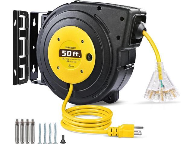 SURAIELEC 50 FT Extension Cord Reel, 14 Gauge Retractable Extension Cord, SJTOW 14 AWG/3C Heavy Duty Power Cord, 13 AMP Circuit Breaker, Lighted...