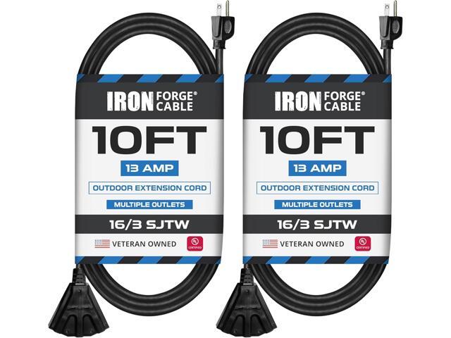 Iron Forge Cable 2 Pack 10 Ft Black Extension Cord with 3 Outlets - 16/3 SJTW 10 Foot Extension Cord 3 Prong, Weatherproof Power Cable for Outdoor