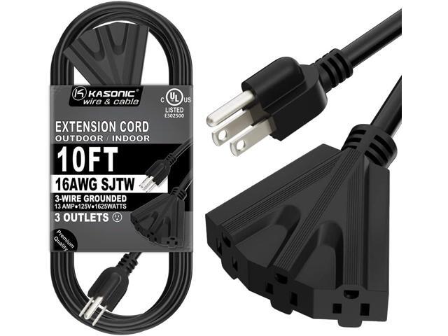 K KASONIC - 10 Ft Extension Cord with 3 Outlets, UL Listed 16/3 SJTW 3-Wire Grounded, 13A 125V 1625W for Indoor/Outdoor Use - Black