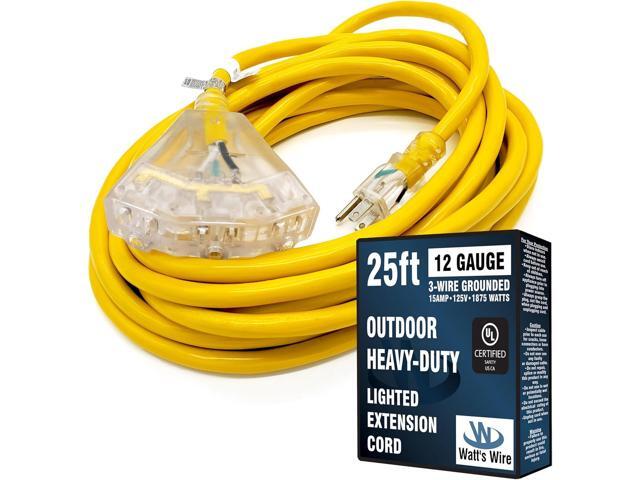 25 ft Heavy Duty Extension Cord - 12 Gauge Outdoor Extension_Cord - Lighted Mulitiple Outlets by Watt's Wire - 25' 12-Gauge Grounded 15 Amp Cord -...