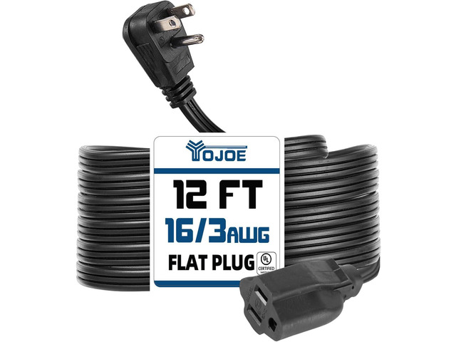 YOJOE Indoor Extension Cord, 3 Prong Grounded 13A Power Cord, 16 Gauge Heavy Duty 12 ft Black Flat Plug Extension Cord for Home, Office, 16/3 SPT-3...