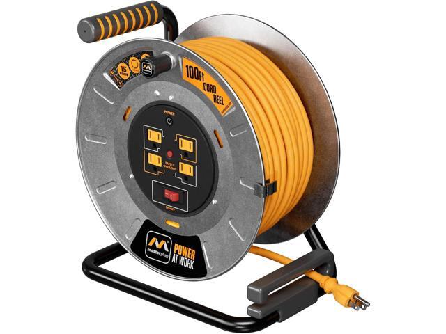 100ft Cord Reel, Metal Cable Drum, Retractable Extension Lead with Winding Handle, Safety Overload Circuit Breaker and Power Switch, 4x Grounded...