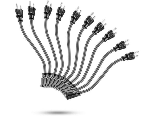 KMC Power Extension Cord 10-Pack, Outlet Saver, 16AWG 3 Prong, 1-Foot Cord