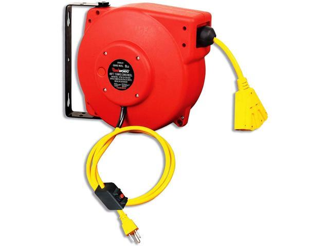 ReelWorks Retractable Extension Cord Reel Polypropylene 12AWG x 40' Foot Industrial Commercial Grade 3C SJT Cable Triple Tap Connector 15A 125VAC...